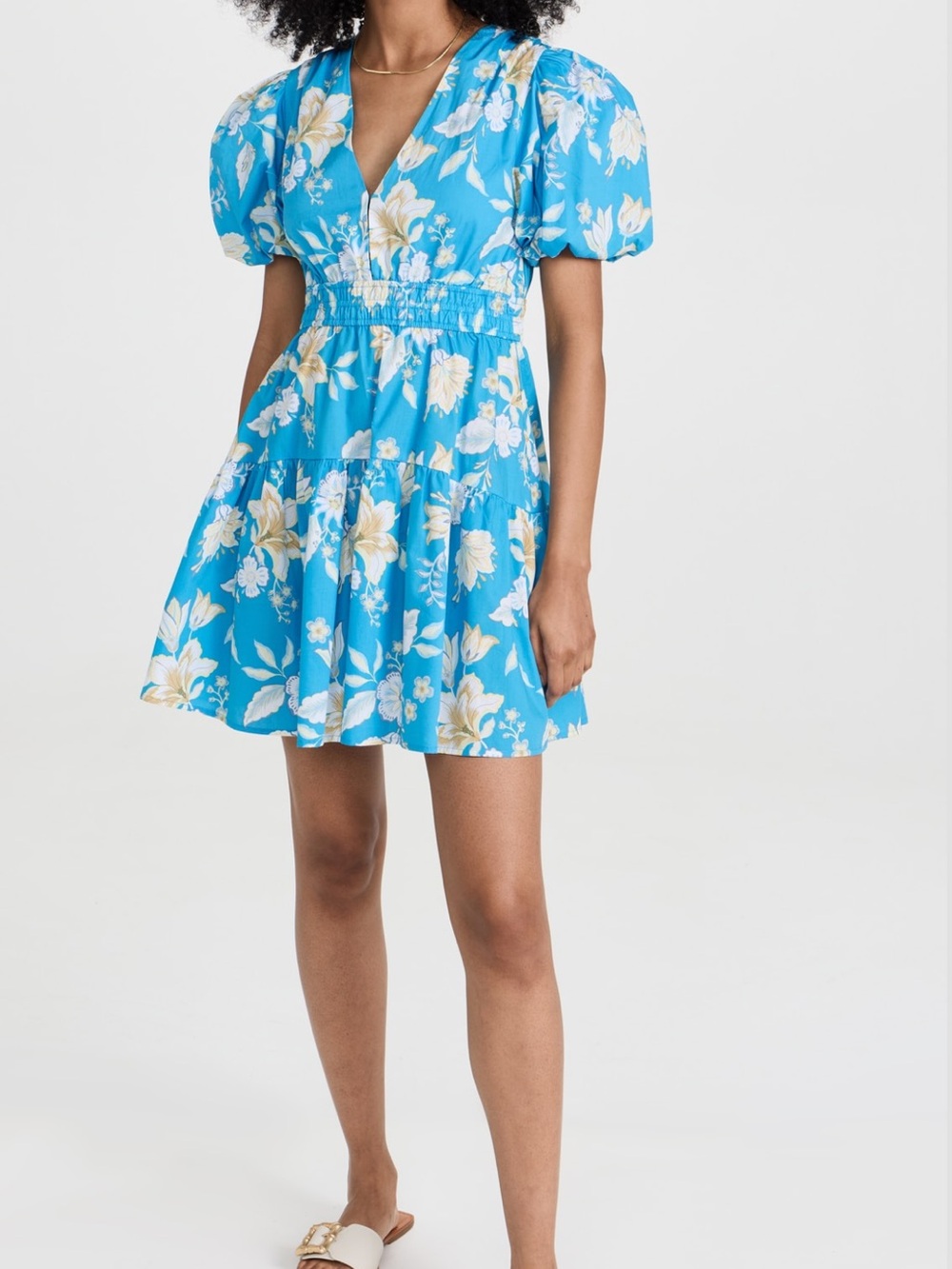 MINKPINK Blue Floral V-Neck Puff Sleeve Cotton Mini Dress